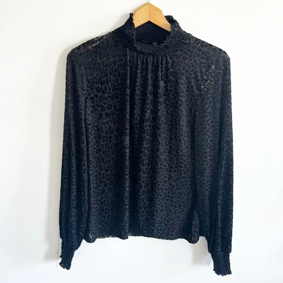 WHBM Black burnout mock neck long sleeve blouse top in leopard velvet size M - Picture 2 of 7